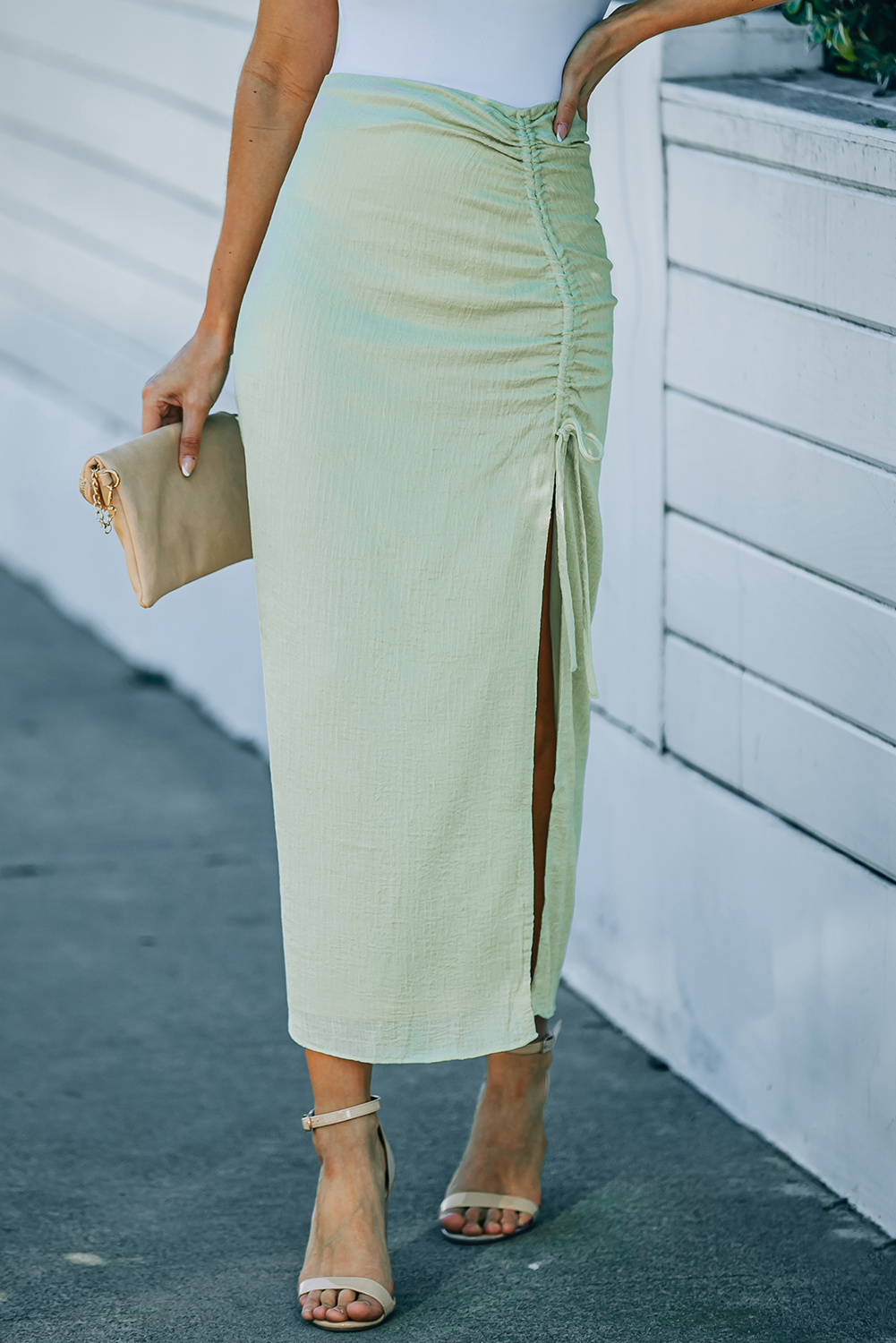 Green Drawstring Side Split High Waist Long Skirt