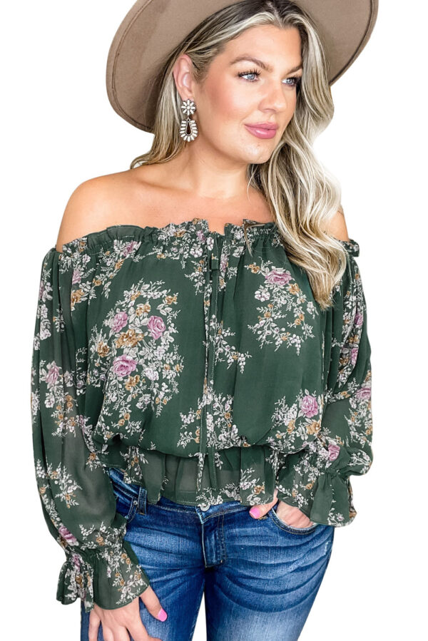 Green Off Shoulder Floral Ruffle Plus Size Top - Image 5