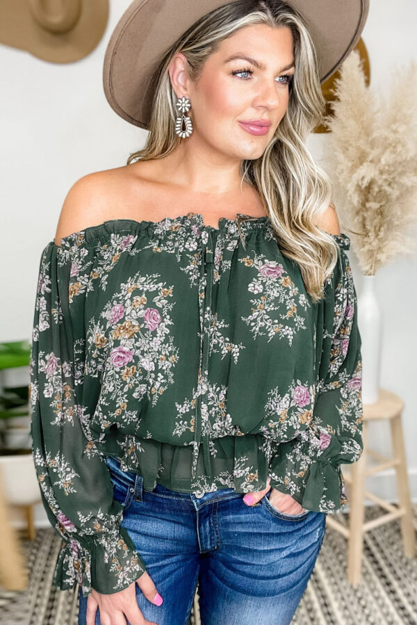 Green Off Shoulder Floral Ruffle Plus Size Top - Image 3