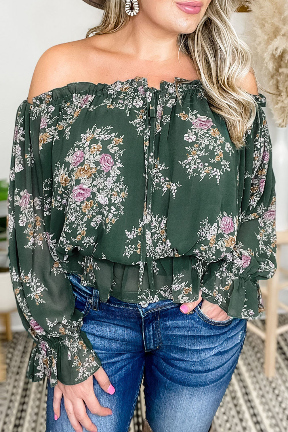 Green Off Shoulder Floral Ruffle Plus Size Top