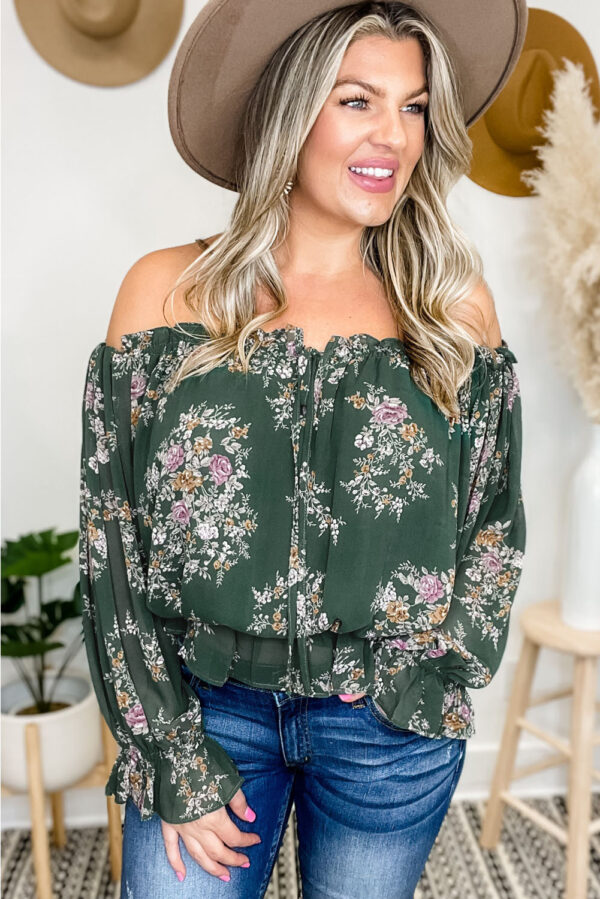 Green Off Shoulder Floral Ruffle Plus Size Top - Image 4