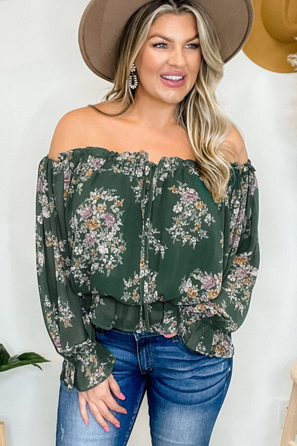 Green Off Shoulder Floral Ruffle Plus Size Top - Image 2